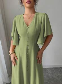 Elenzga 女士优雅休闲 V 领 A 字高低连衣裙，系腰带，纽扣装饰，喇叭袖，适合下午茶、派对、度假、工作 - 橄欖綠 - 查看 5