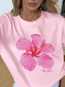 SHEIN EZwear Women's Casual Graphic Tee, Street Style Short Sleeve T-Shirt, Cute Summer Top, Vacation Vibe - Pink - View 4