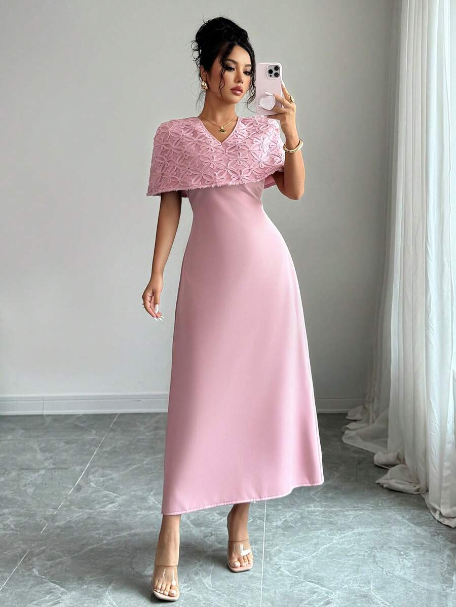Modelyn Women's Woven Mesh Embroidered Cape Design French Elegant Dress - Pink - View 1
