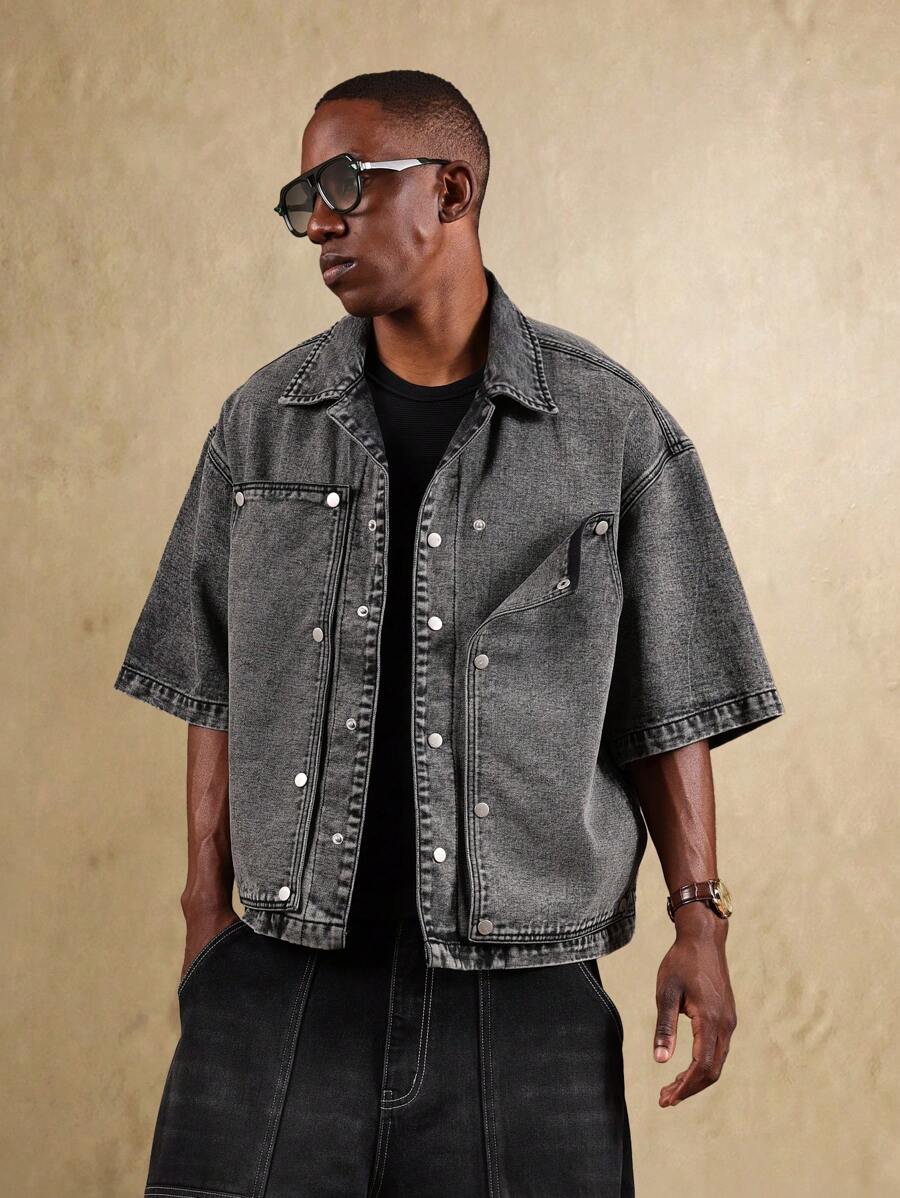 SUMWON Jachetă tip cămașă din denim supradimensionată, cu mâneci scurte, cu nasturi metalici în față, stil de lucru, buzunare la piept, haină de toamnă și primăvară - Negru - Vizualizare 1