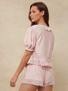 WESTFADE Teksturowana tkana i kwiatowa koronka z kokardą z przodu, krótki bufiasty rękaw, warstwowa falbana, luźny top wypoczynkowy, letni boho, kowbojka, wakacje na plaży - Różowy - Zobacz 4