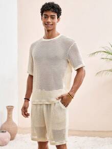 Manfinity VCAY Young Men's Casual Loose Knit Short Sleeve T-Shirt With Mesh Jacquard Set Men Knit Two Pieces Set Men Summer Two Pieces Set Men Co-Ord Set Men 2 Pieces Set Men Mesh Two Pieces Set Men Crochet Two Pieces Set - Beige - View 4