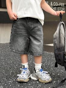 SHEIN Young Boy Summer Retro Vintage Washed Cat Whiskers Loose Fit Denim Bermuda Shorts, Spring Summer Clothes Streetwear And Spring Break
