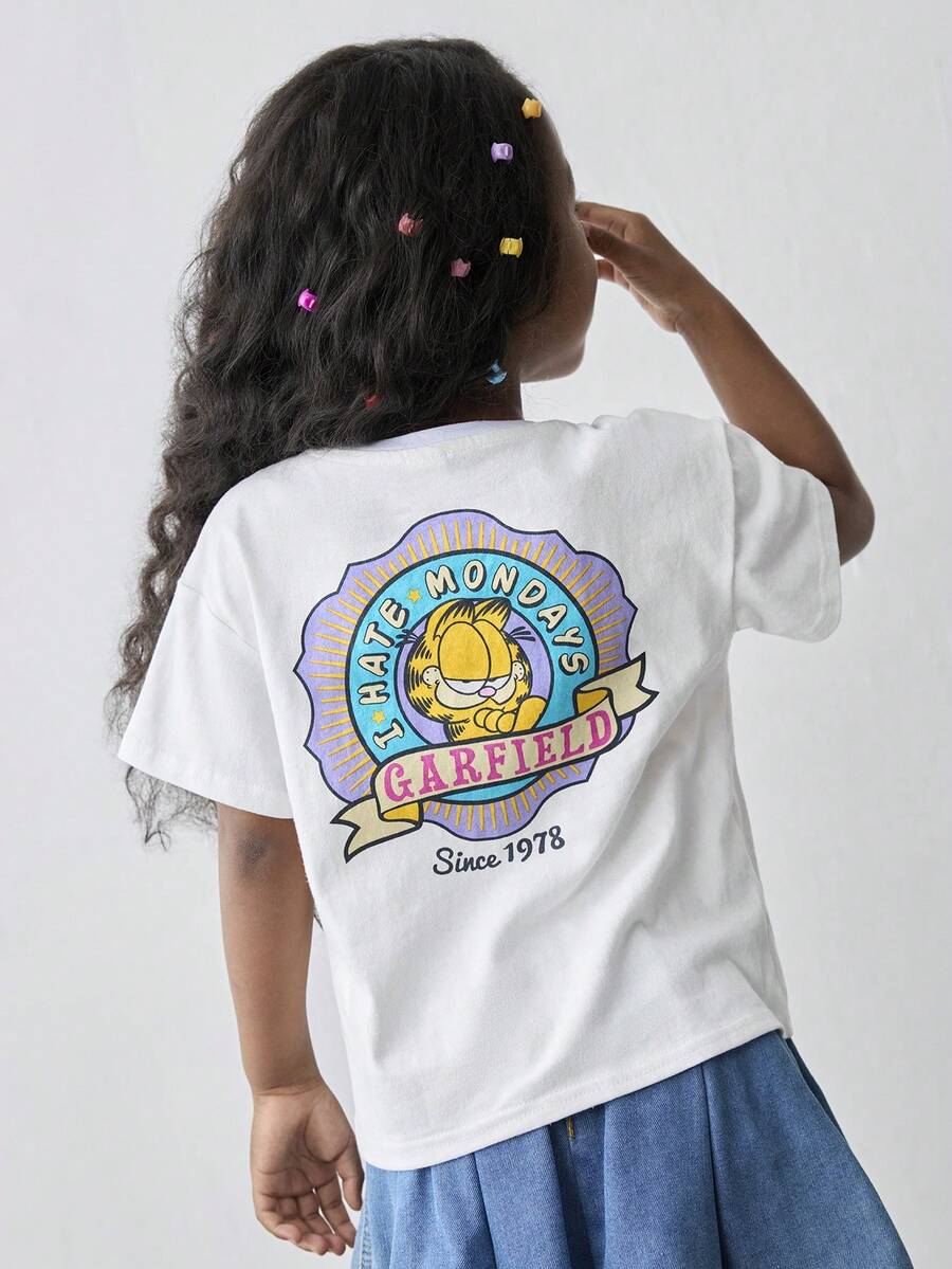 Maija Kids GARFIELD | SHEIN Maija Kids 少女圆领基本款卡通图案短袖T恤，夏季 - 白色 - 查看 1