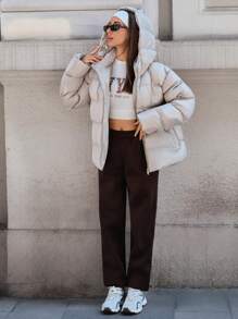SHEIN Tall 女士简约连帽羽绒大衣，采用时尚拉链开合和收腰设计 - 雪天版、休闲版、日常穿着 - 杏色 - 查看 3