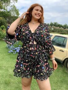 SHEIN EZwear 加大码轻盈花卉连体裤，适合夏季度假和休闲穿着 - 黑色 - 查看 3