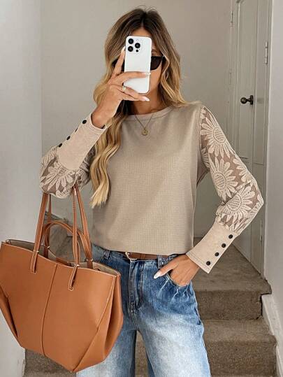 Easowa Blusa de mujer en color caqui con mangas de encaje, parches y estampado floral de estilo waffle