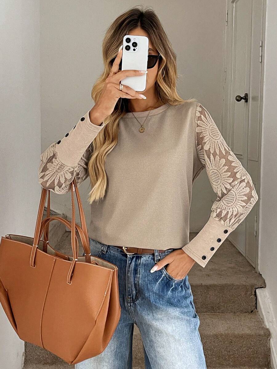 Easowa 卡其色蕾丝袖拼布华夫格花卉女式上衣