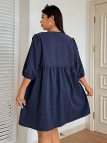 SHEIN EZwear 大码女式牛仔色纯色休闲系带七分袖短款连衣裙 - 藏蓝色 - 查看 2