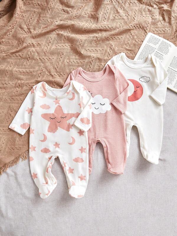 3pcs Newborn Baby Girl Soft Stars & Moon Sky Theme Long Sleeve Footed Romper Set, Comfortable Sleepwear Outfit