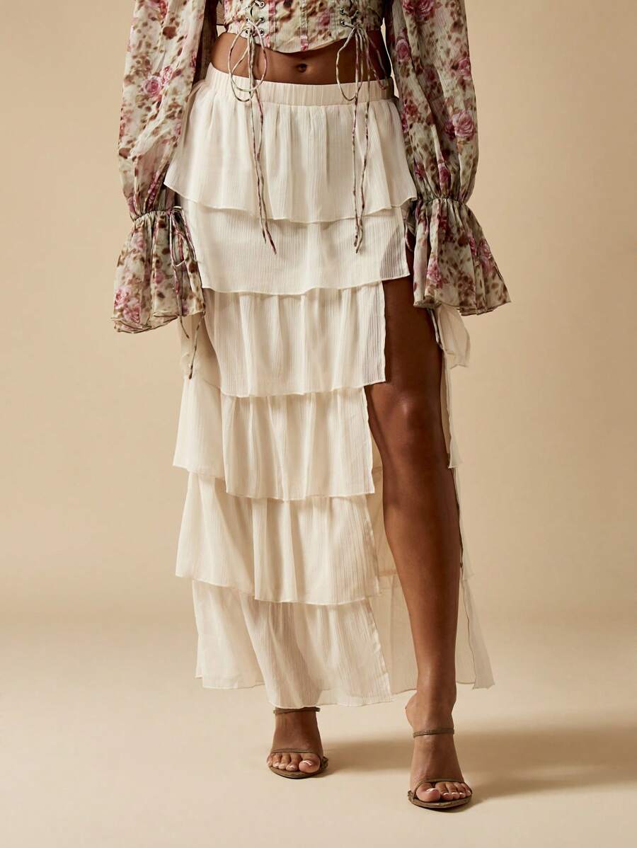 MISSGUIDED Tiered Ruffle Chiffon Maxi Skirt With High Side Split Festival Bohemian Summer Beach Vacation Resort Wear - White - View 1