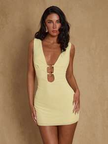 Glamine 女式性感纯色无袖紧身迷你连衣裙，夏季 - 黃色 - 查看 6