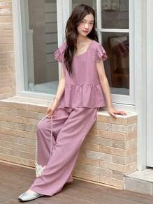 Dazy Kids 2pcs/Set Teenager Girls Cap Sleeve Top And Wide Leg Pants Summer Outfit