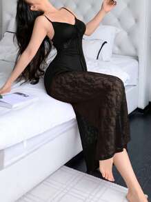 SHEIN 法式优雅蕾丝边细肩带超长睡袍，浪漫女士睡衣 - 黑色 - 查看 3