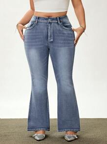 SHEIN EZwear Plus Size Women Pockets Flared Casual Versatile Jeans - Blue - View 3