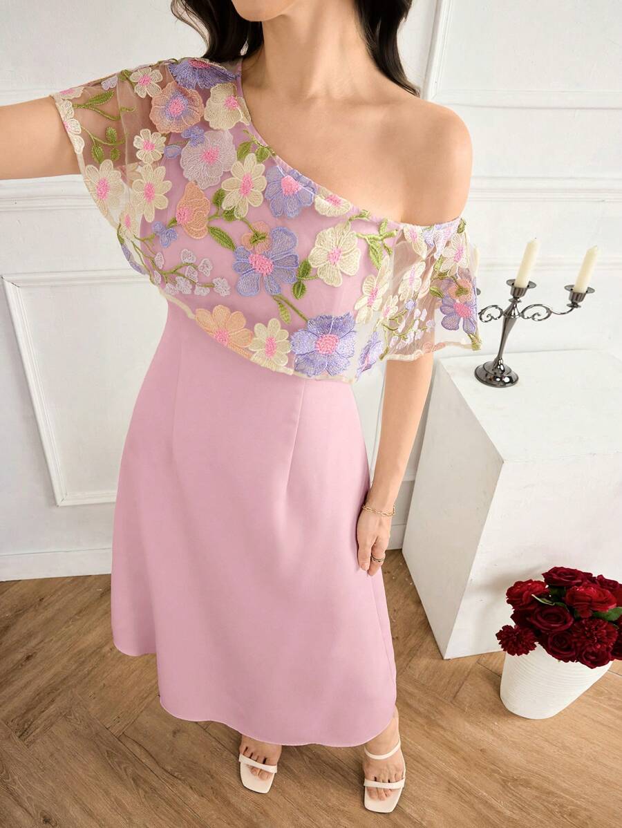 Modelyn Vestido de verano de longitud media elegante con bordado colorido y estampado floral en color albaricoque, apropiado para ceremonia de graduación y fiesta de cóctel - Rosa - Ver 1