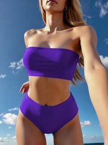 SHEIN Swim Summer Beach Lace Up Back Bandeau High Waisted Bikini Set - Violet Purple - View 1