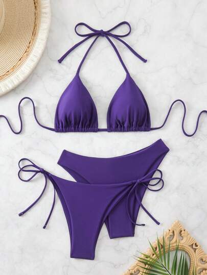 Swim Basics 3pcs/Set Women's Solid Color Halter Tie-Up Sexy Bikini Swimsuit Set, Summer Beach
