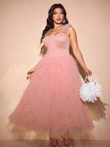 Cravure 加大码纯色优雅无袖派对连衣裙，带网眼拼接长款女装