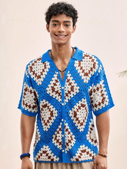 Manfinity VCAY Cardigan ample à manches courtes et boutons, imprimé, convenant pour l'été, l'automne et l'hiver