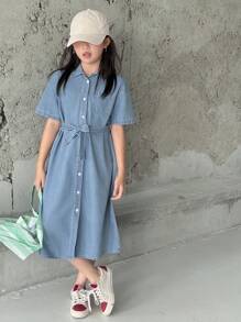 Dazy Kids 女童牛仔短袖连衣裙（适合青少年女孩，夏季） - 藍色 - 查看 2