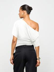 AiiRZ Blusa relajada con hombros descubiertos, manga murciélago o dolman, estilo drapeado, para uso casual los fines de semana en primavera y verano