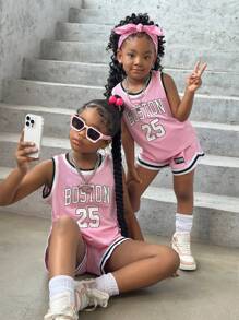 女童休闲运动字母印花上衣和宽松短裤两件套，女童夏季运动套装 - 粉色 - 查看 7