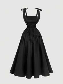 SHEIN MOD Vintage Black Bohemian Floral Print Dress With Back Bowknot – Perfect For Holidays, Dates, Picnics, And Photo Shoots - Black - View 2