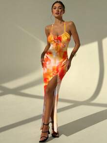 Aloruh 女士长款热带芙蓉印花前系带蝴蝶结吊带连衣裙，适合海滩、音乐节、春假、度假氛围 - 橘色 - 查看 4