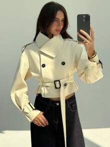 Aloruh New Khaki Versatile Crop Trench Coat With Waist Cinching, Double-Breasted Detachable Cape Design, Retro Chic