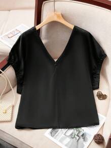SHEIN Blusa elegante de talla grande para mujer con escote en V y manga corta, color negro - Negro - Ver 2