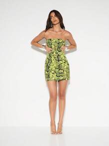 KIZN 蛇纹印花抹胸迷你连衣裙霓虹灯个性派对俱乐部之夜夏季节日紧身修身无肩带设计 - 綠色 - 查看 6