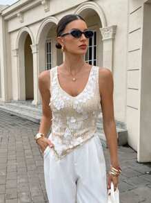 Siren Gaze Áo cánh không tay cổ chữ V lấp lánh viền bất đối xứng cho nữ - Màu be - Xem 7