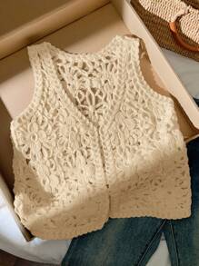 Comfortcana Áo len cardigan mỏng không tay khoét lỗ họa tiết hoa trơn màu cho nữ - Màu Khaki - Xem 3