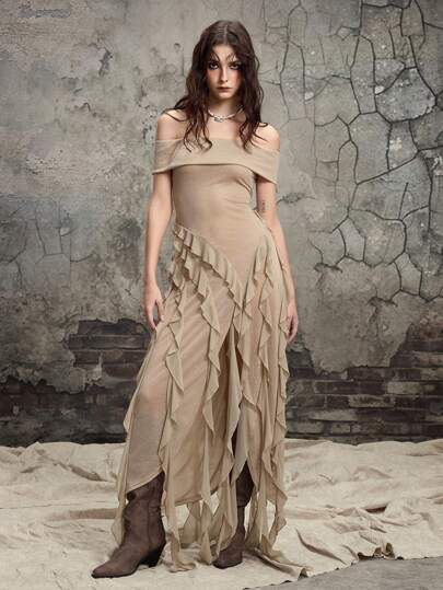 Grunge Punk Y2K Retro Apocalypse Style Off Shoulder Ruffle Trim High Slit Waist Sheath Dress For Women