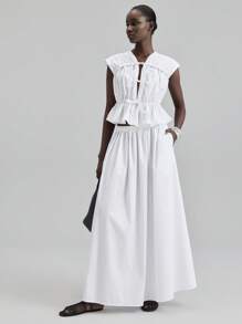 Ontre 女士秋季舒适度假休闲通勤褶饰抽绳上衣和裙子两件套，度假风格，乡村音乐节装扮，节日两件套 - 白色 - 查看 5