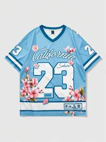 ROMWE MEN Prep 男士标语印花短袖T恤，适合春夏季日常穿着 - 藍色 - 查看 3