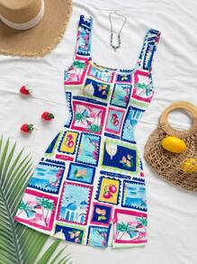 Soleia 女士度假海洋生物印花休闲度假露背开衩下摆迷你连衣裙，适合派对、海滩、夏季 - 彩色 - 查看 6