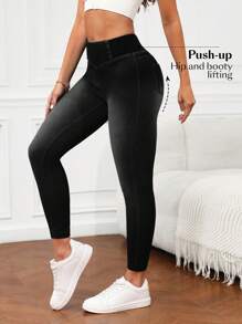 Flexra Women's Elastic Waist Skinny Fashion Casual Jeans Women Tummy Control Leggings High Waisted Leggings Compression Leggings Black Denim Leggings - Black - View 3