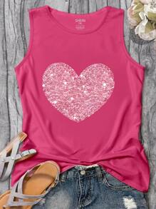 Calvaya 加大码闪亮心形赛车图案背心，鲜艳多彩夏季无袖 - 玫紅色 - 查看 1