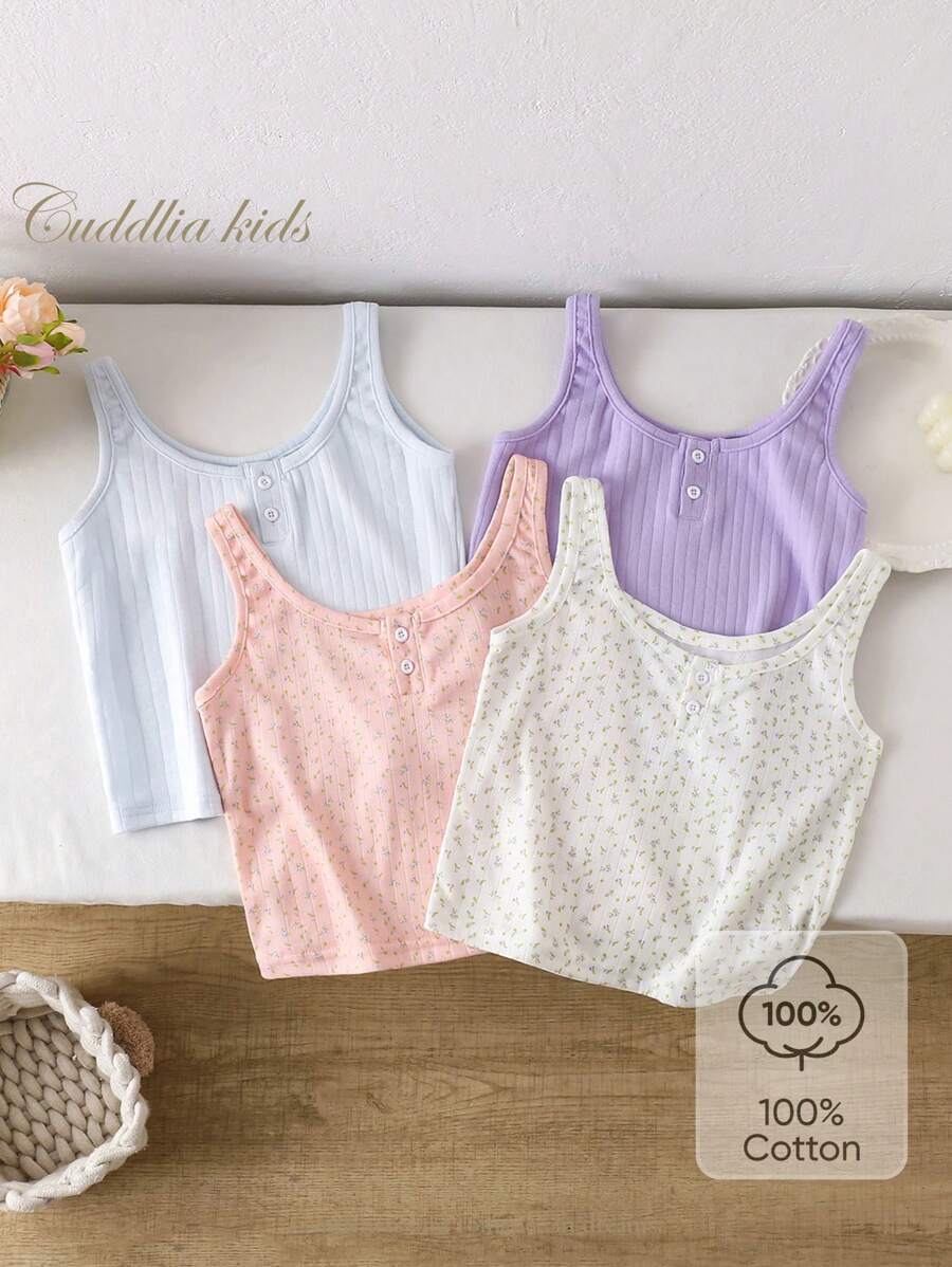 4 pièces/Set Top de Camisole d'été/printemps pour filles en grande taille, à pois et fleurs de style marguerite, multicolore blanc/rose/jaune