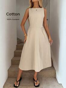 Easowa Crew Neck Waist Gather Ruched A-Line Dress, Casual Resort Elegant Midi Dress For Women, Spring/Summer, Cotton Fabric Drop Waist Dress Old Money Style Women Island Vacation Outfits Summer Dresses For Women Vacation Outfits Women Strapless Dress Airport Outfit For Women Boho Dress Women,Business Casual Woman Business Women Attire - Apricot - View 5