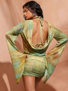 Hauture 女式夏季度假深前围长袖绿色蛇纹印花透视罩衫连衣裙 - 彩色 - 查看 3