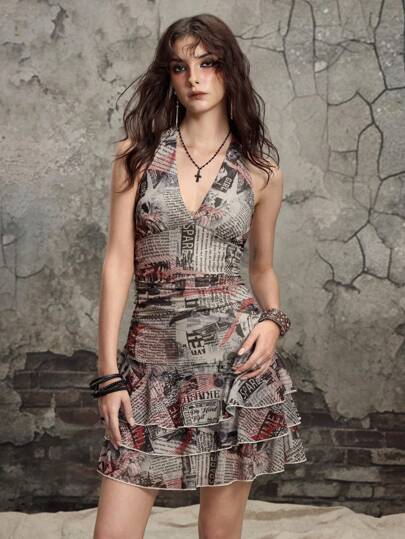 Grunge Punk American Street Fashion Newspaper Print Ruffle Hem Sleeveless Mini Dress For Women