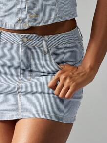 MISSGUIDED Pinstripe Denim Mini Skirt Y2K Style High Waisted Summer Festival Jean Skirt Spring Fitted Casual Streetwear - Light Wash - View 6