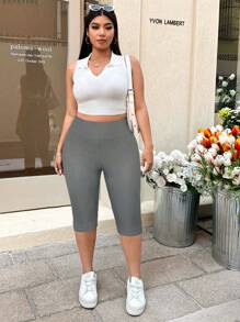 Solflare Quần legging Capri bó màu xám cỡ lớn cho kỳ nghỉ hè dành cho nữ - Xám - Xem 4