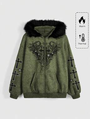 Fairycore Women's Dropped Shoulder Long Sleeve Hoodie Sweatshirt With Lily Flower And Cross Rhinestone Decor, Vintage Wash Graduation,Back To School Outfits,Graduation,Teacher Outfits For Women,Back To School