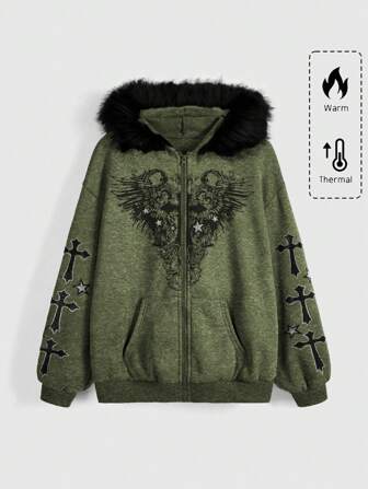 Fairycore Women's Dropped Shoulder Long Sleeve Hoodie Sweatshirt With Lily Flower And Cross Rhinestone Decor, Vintage Wash Graduation,Back To School Outfits,Graduation,Teacher Outfits For Women,Back To School