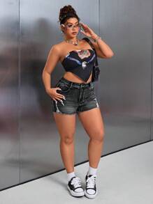 SHEIN ICON Plus Size Distressed Ripped Skinny Denim Shorts - Dark Grey - View 6