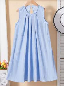 Vestido minimalista de unicolor para niñas, adecuado para uso diario y actividades al aire libre, de verano - Azul - Ver 1
